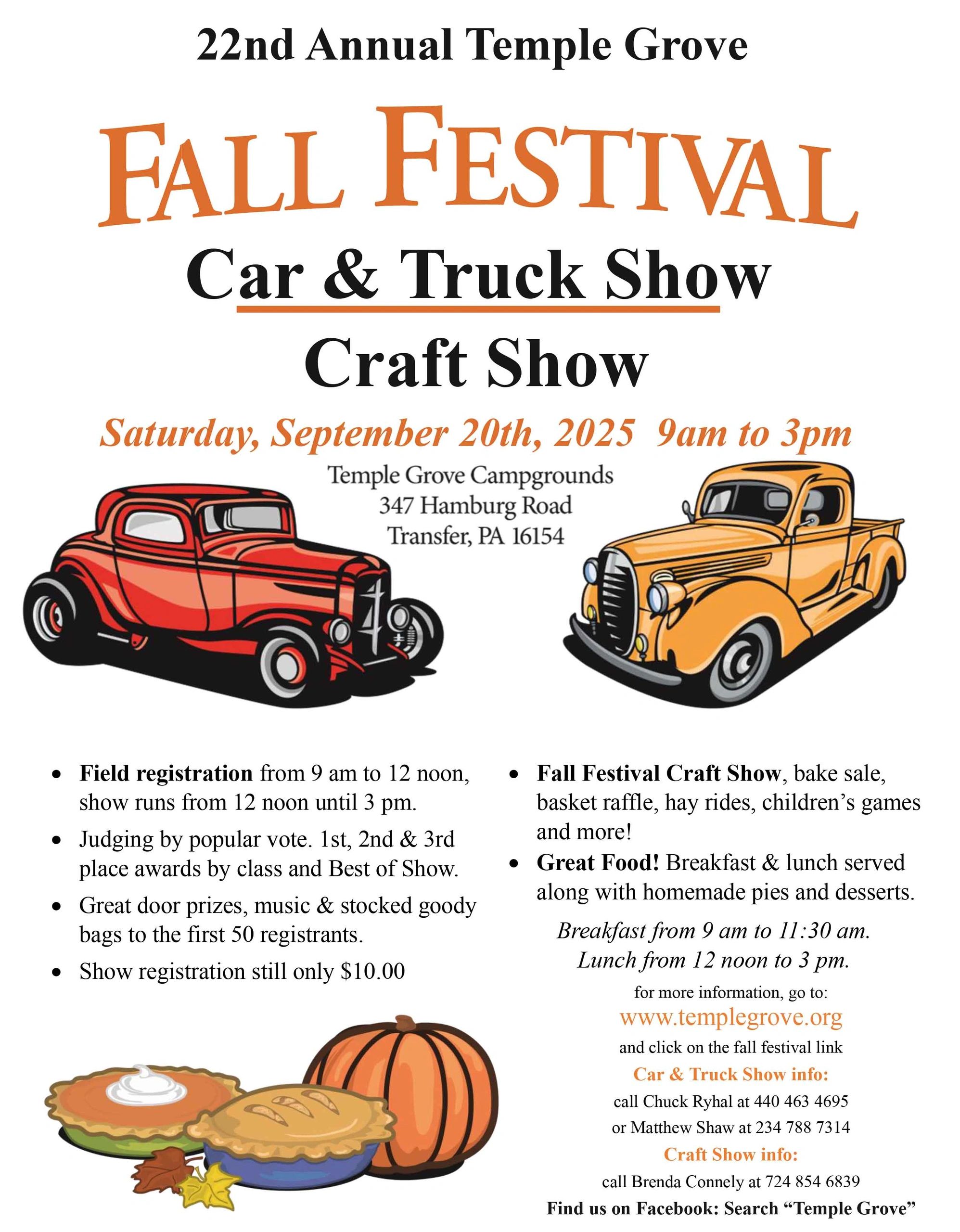 Flyer for Temple Grove's Annual Fall Festival Car & Truck Show - Craft Show 2025