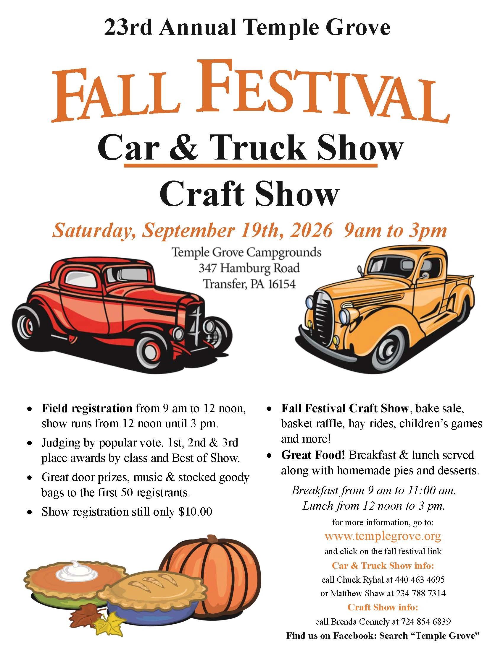 Fall Festival Car &amp; Truck Show and Craft Show at Temple Grove on September 19, 2026.