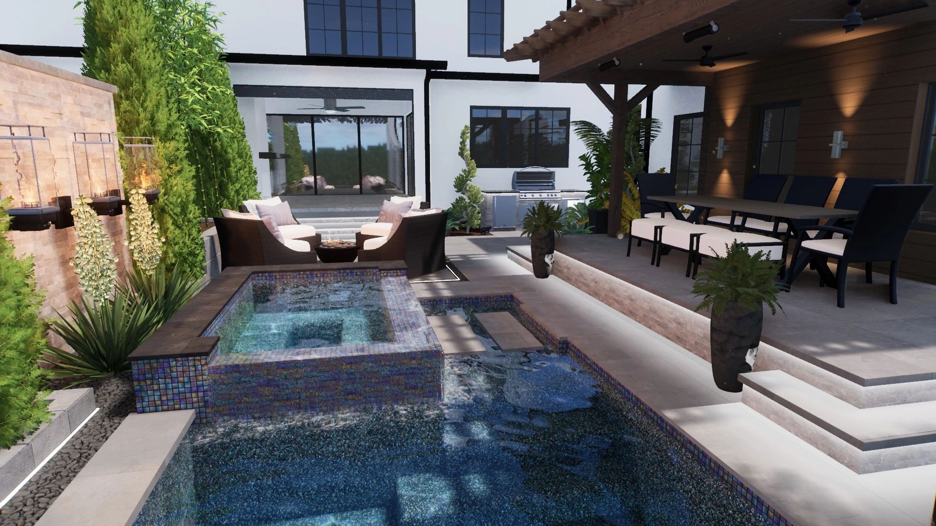 Custom Plunge pool and Spa withe raised patio for dining and sunken fire pit for entertaining,  outd