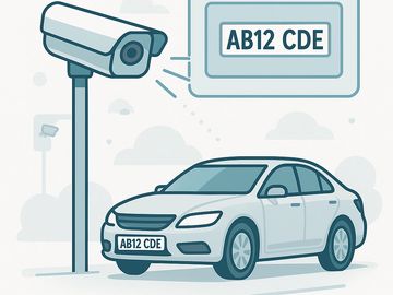 Illustration of a car and a CCTV camera recognizing the car's license plate.