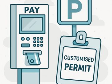 Illustration of a parking payment machine and a customised permit sign.
