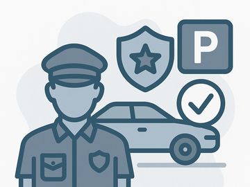 Illustration promoting transparent, ethical parking enforcement with a parking officer and symbols.