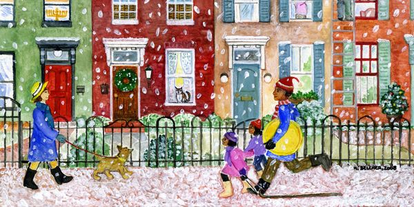 People walking on a snowy street with colorful houses in the background.