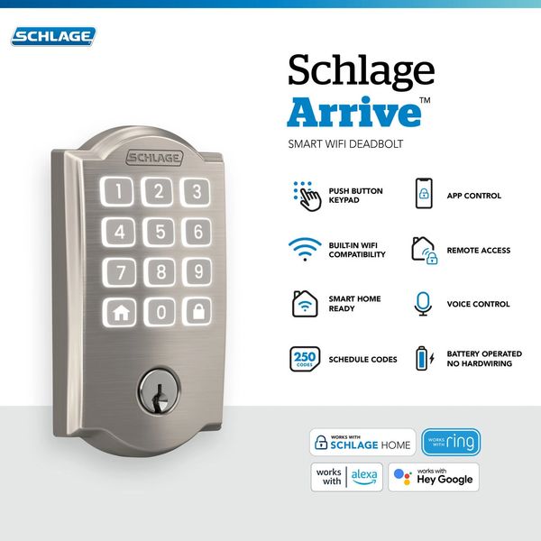 Schlage Arrive smart WiFi deadbolt with illuminated keypad and remote control features.