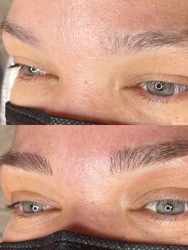 Close-up before and after images showing eyebrow grooming and skin improvement.