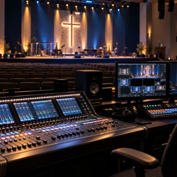 Audio mixing equipment and monitor in a church with a glowing cross.
