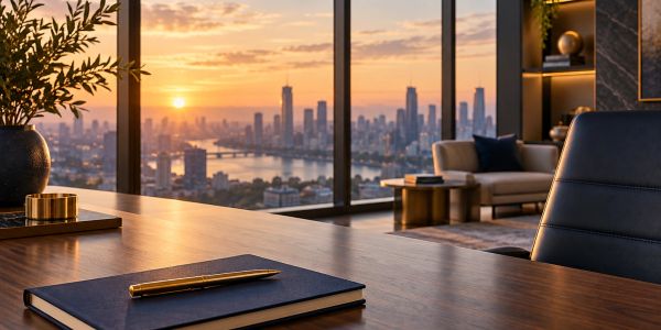 Sunset view from a modern office with a city skyline.