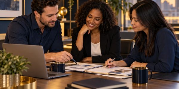 Three colleagues collaborating at a desk with documents and a laptop.