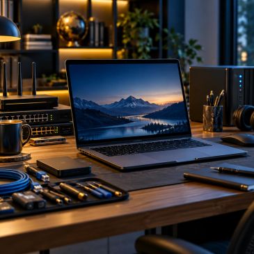 Tech workspace with laptop and gadgets on desk.
