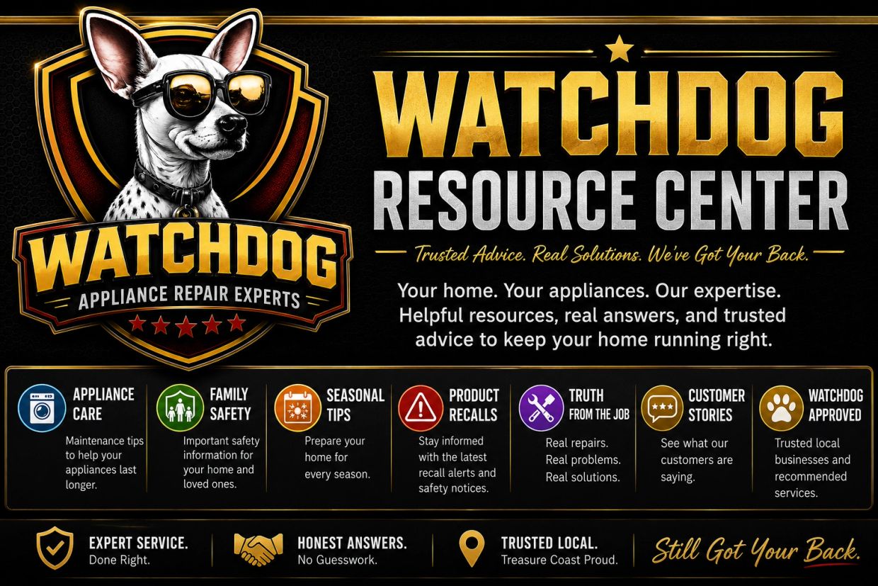 Watchdog Appliance Repair Experts resource center flyer with service highlights.