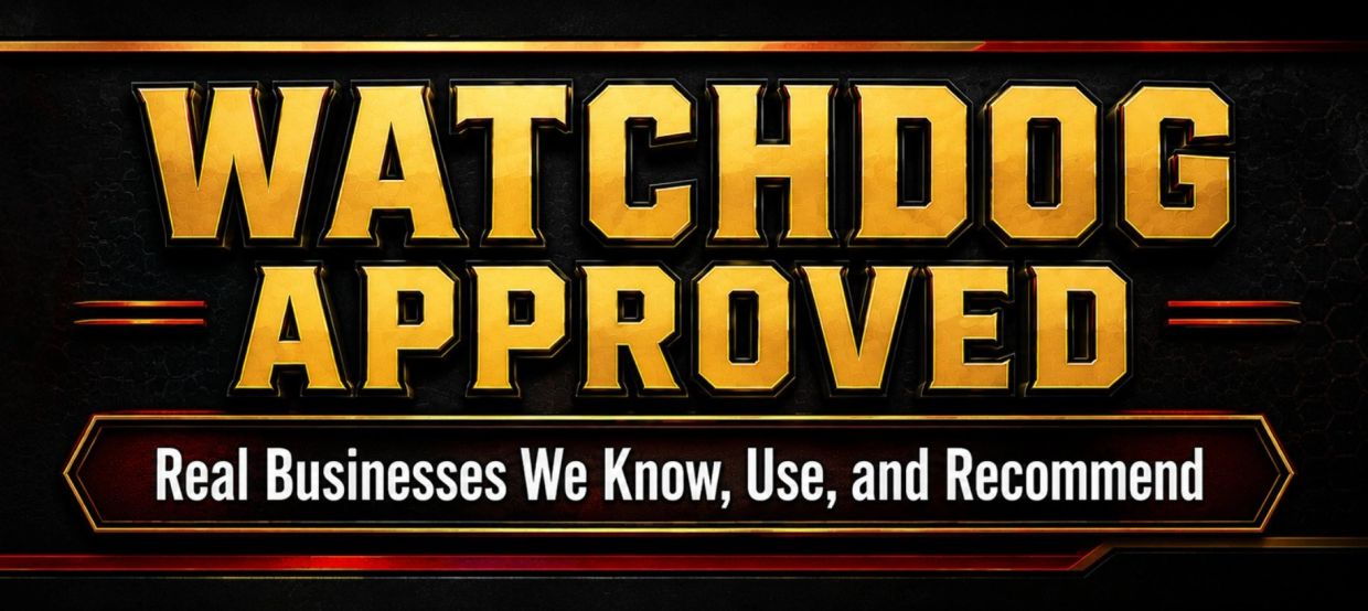 Bold text reading 'WATCHDOG APPROVED' with a tagline about trusted businesses.