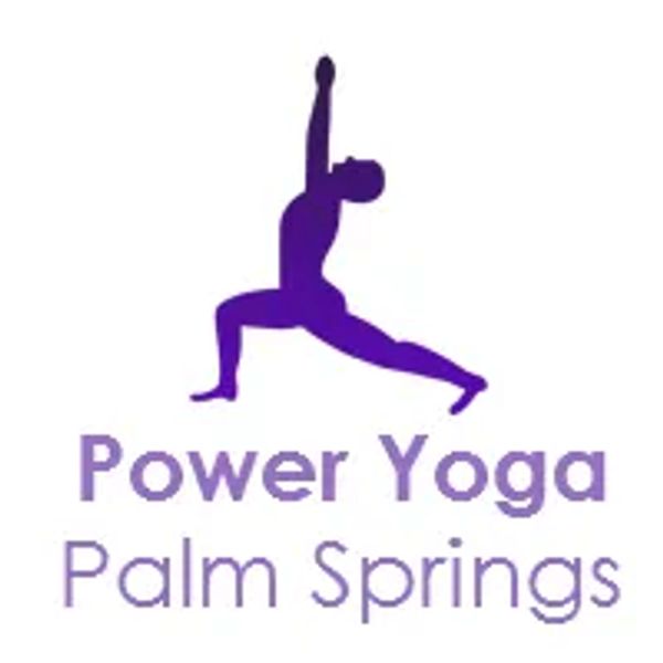 Logo of Power Yoga Palm Springs with a purple yoga pose figure.