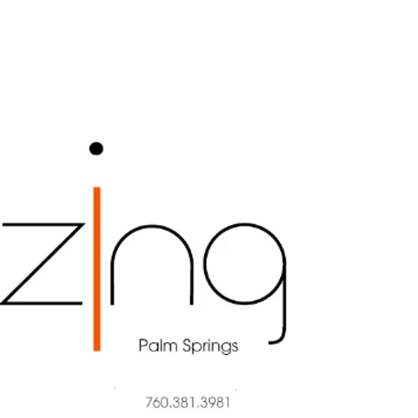 Logo for Zing Palm Springs with contact number.