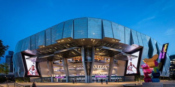 night time view of the Sacramento DOCO golden 1 center arena, facing the main entrance of venue