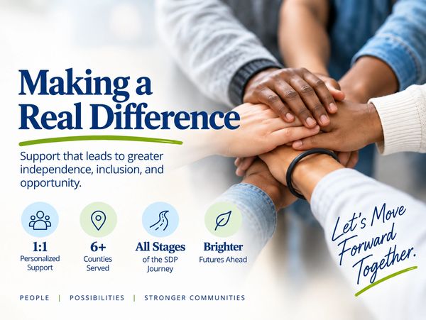 Hands joined in teamwork with a message about support and community progress.