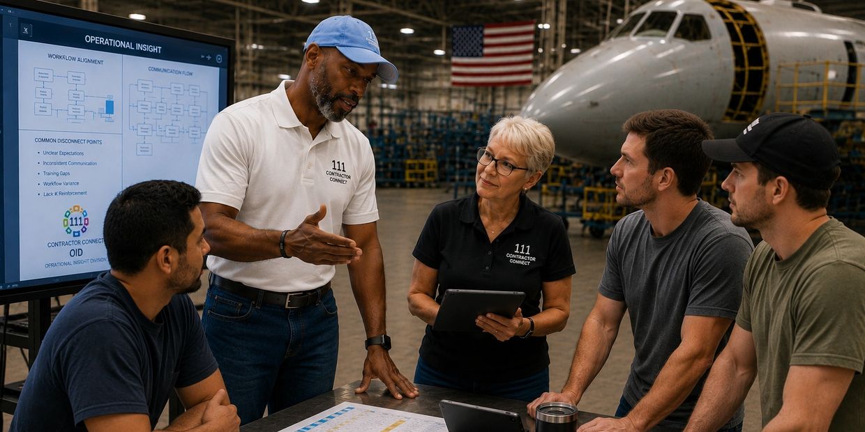 Team discussing workflow and communication in an aircraft hangar.