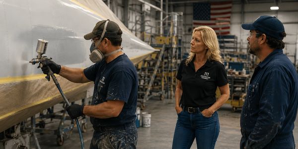 Workers inspecting a boat being painted in a large workshop.