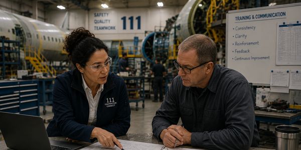 Two engineers discussing plans inside an aircraft maintenance hangar.