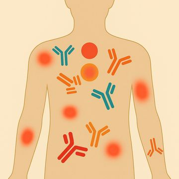 Illustration of human body with widespread autoimmune inflammation affecting multiple systems