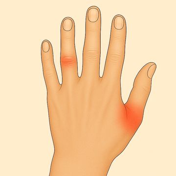 Hand with red, inflamed joints showing arthritis pain and swelling in knuckles and wrist