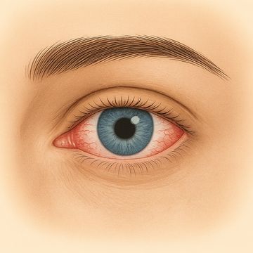 Medical image of a human eye showing redness and inflamed sclera to represent uveitis and scleritis