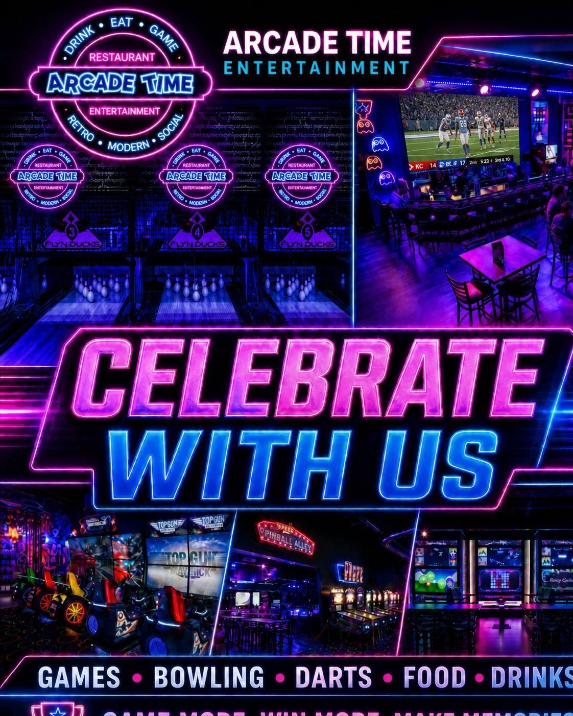 Neon-lit arcade with bowling, games, darts, food, and drinks, inviting people to celebrate.