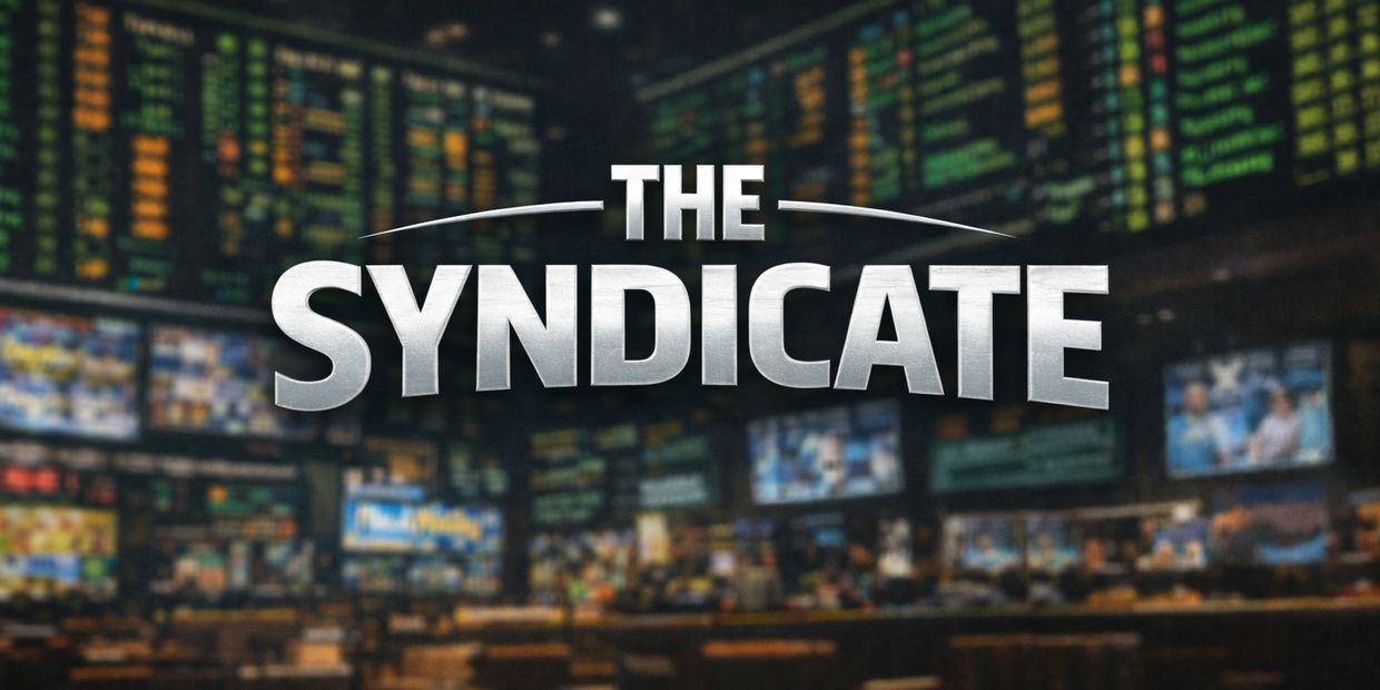 Logo of The Syndicate against a blurred background of betting odds.
