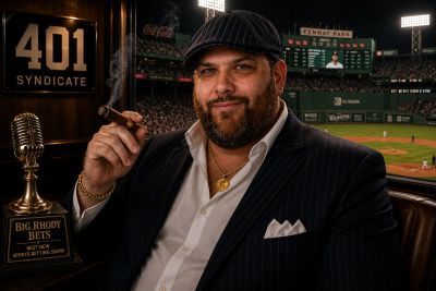 Man in pinstripe suit smoking cigar at baseball stadium.