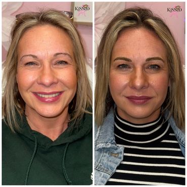 Before and after eyebrow enhancement on a smiling woman.