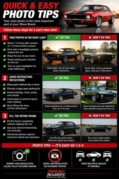 Quick and easy photo tips for car show boards with do's and don'ts.