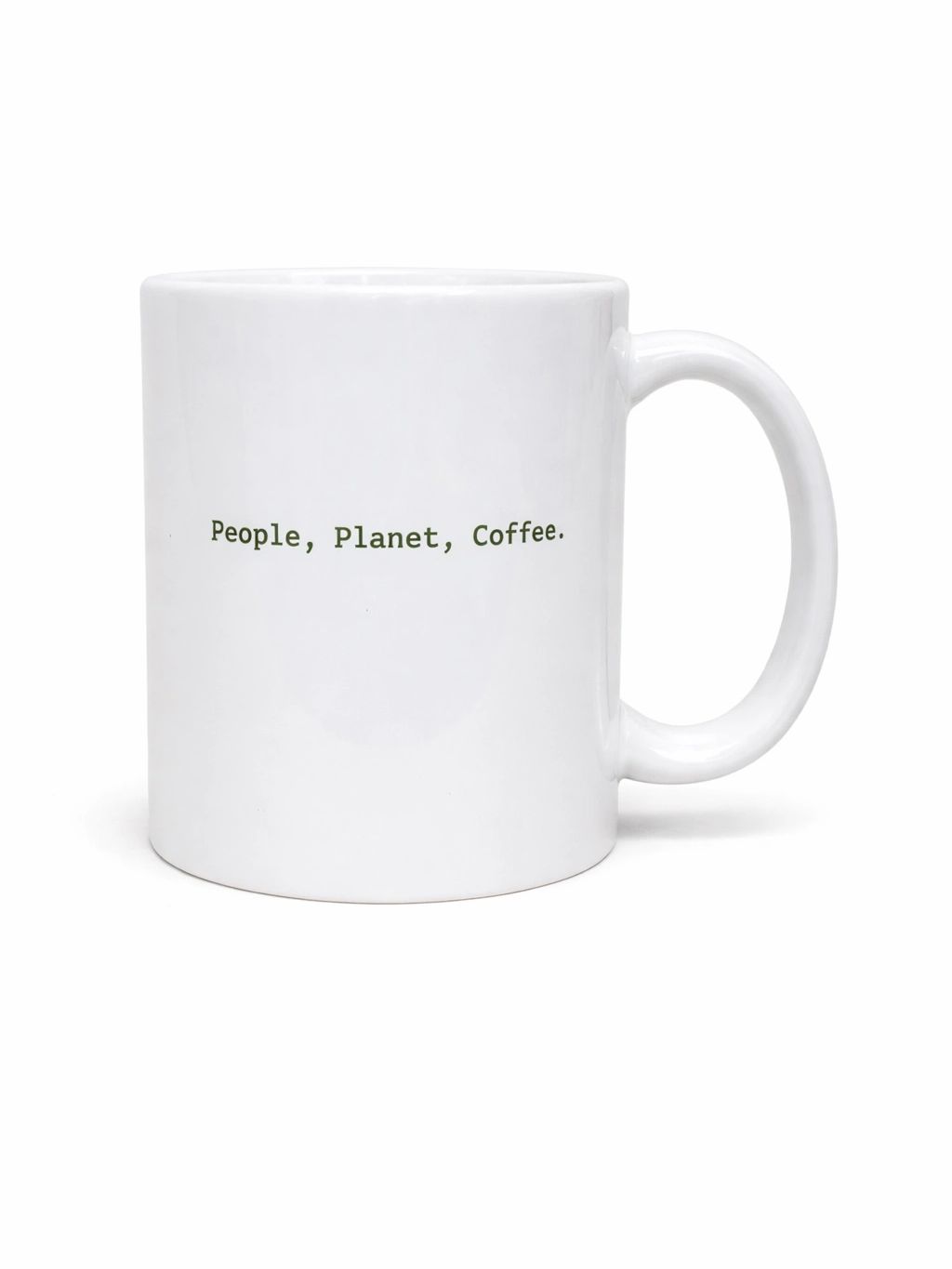 White coffee mug with text: People, Planet, Coffee.