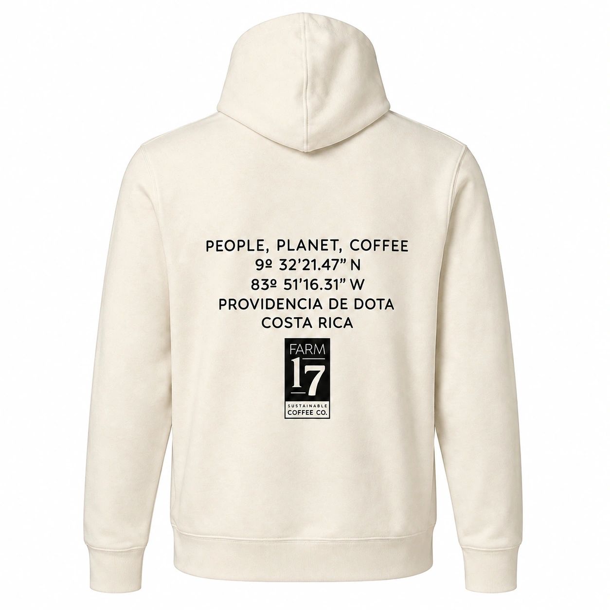 Cream hoodie with coffee farm coordinates and branding on the back.