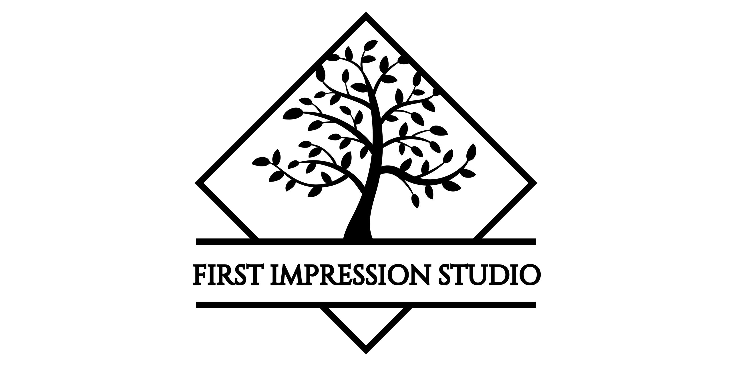 Black and white logo of a tree with text First Impression Studio.