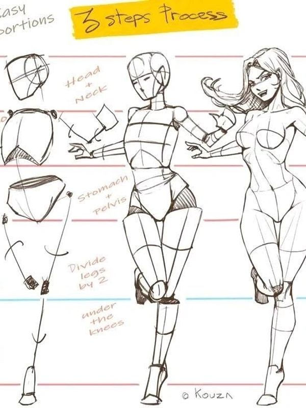 Step-by-step female figure drawing tutorial with basic shapes and anatomy guidelines.