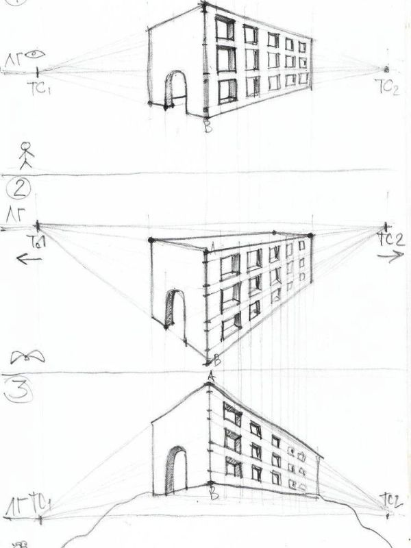 Three pencil sketches showing different two-point perspective views of a building.