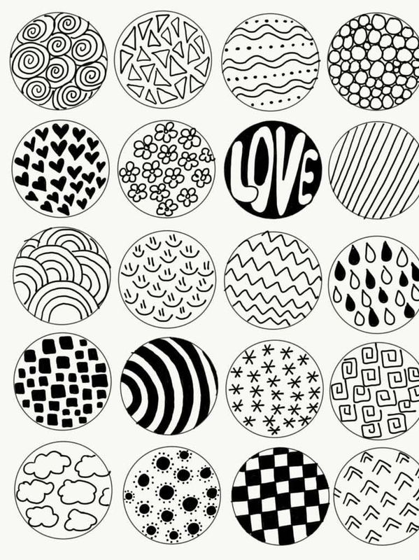 Black and white circles with various patterns and the word LOVE.