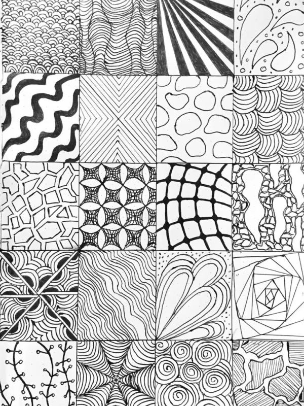 A grid of 20 squares featuring diverse black and white abstract patterns.