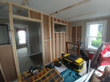 Partition wall with door and window