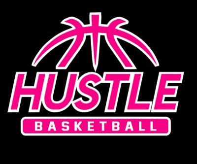Pink basketball-themed Hustle Basketball logo on black.
