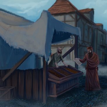 A merchant stall visited by a tax collector.