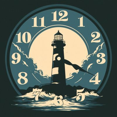 Lighthouse in clock design with waves and clouds.