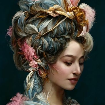 A noblewoman bedecked in feathered headwear.