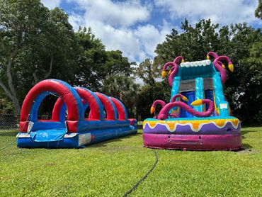 Two colorful inflatable water slides set up on green grass under a blue sky.