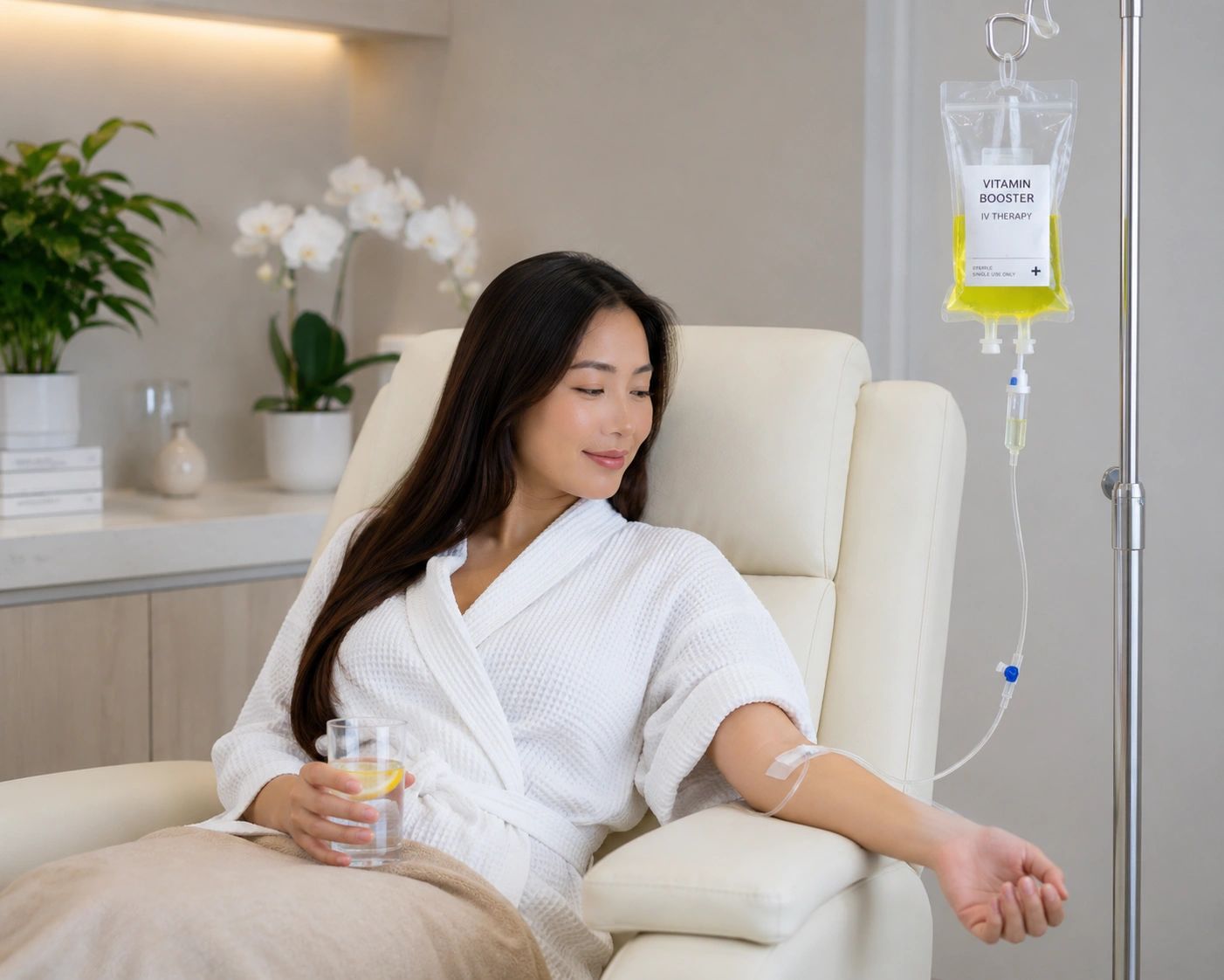 Woman receiving vitamin booster IV therapy while holding a glass of water.