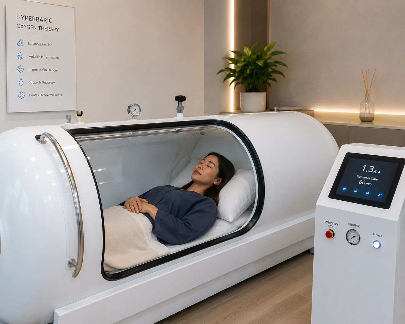 Woman undergoing hyperbaric oxygen therapy in a medical chamber.