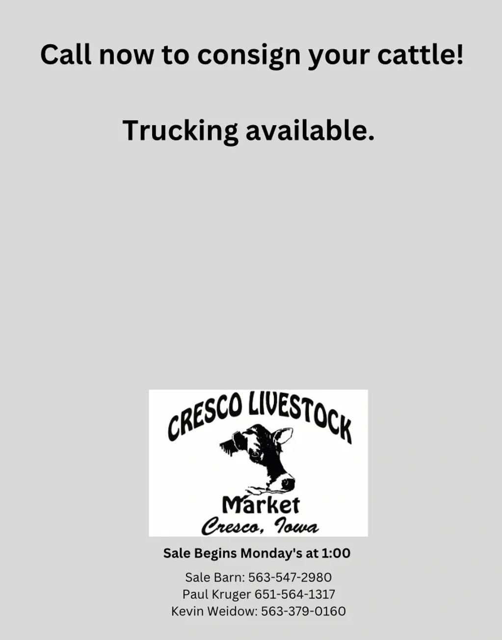 Cresco Livestock Market offers cattle consignment and trucking services.