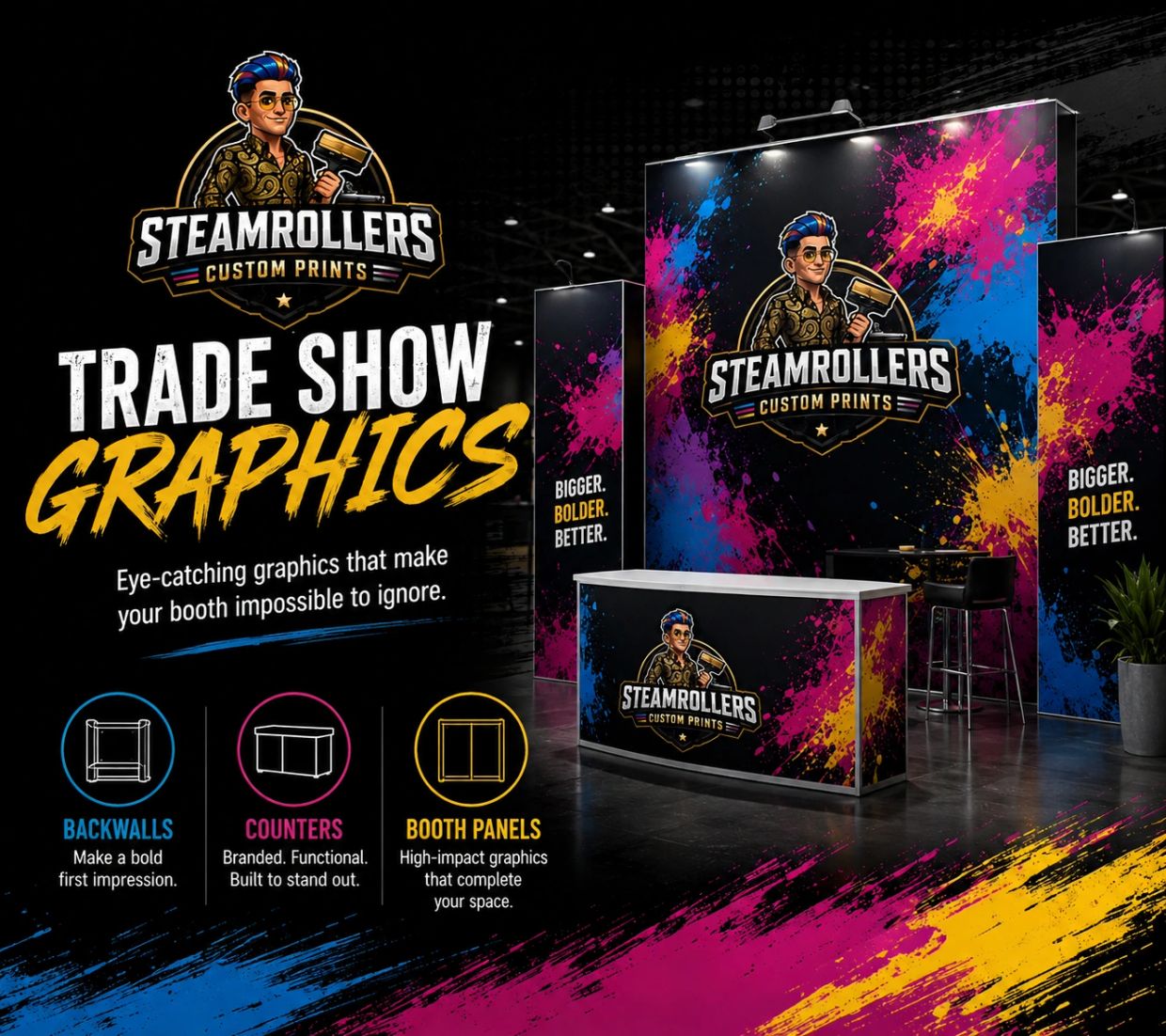Trade show graphics advertisement with colorful custom print displays.