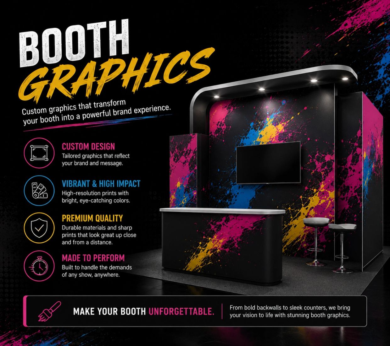 Custom booth graphics enhancing brand visibility with vibrant colors.