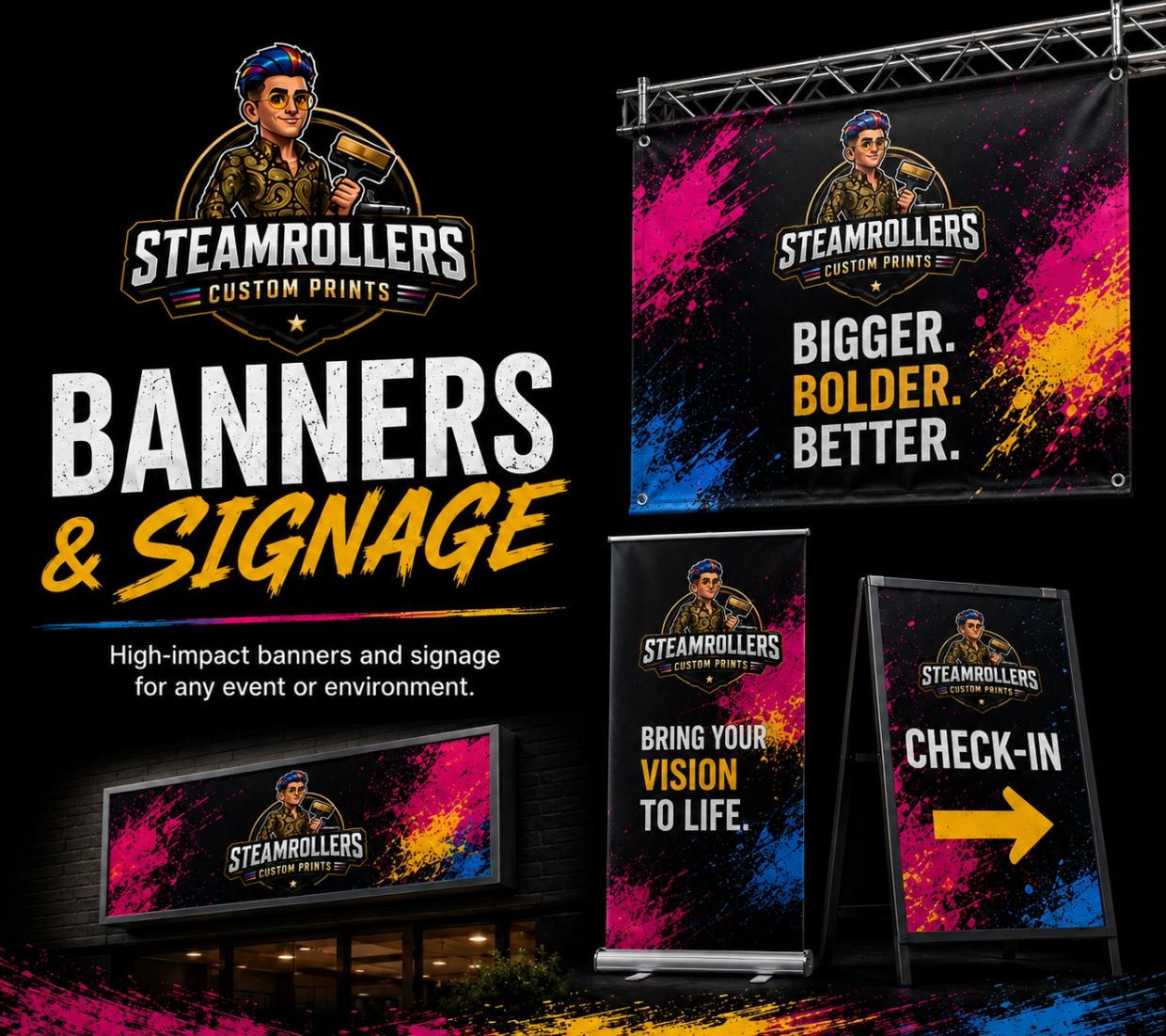 Promotional banners and signage for Steamrollers Custom Prints.