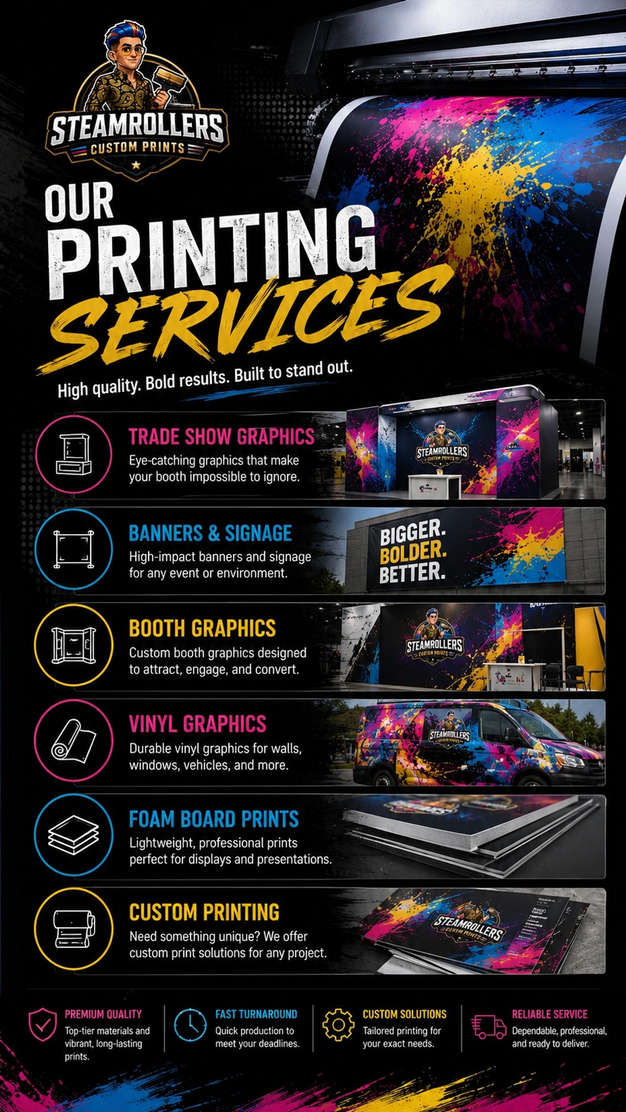 Steamrollers Custom Prints offers bold, high-quality printing services for trade shows, banners, booths, vinyl, foam boards, and custom projects.